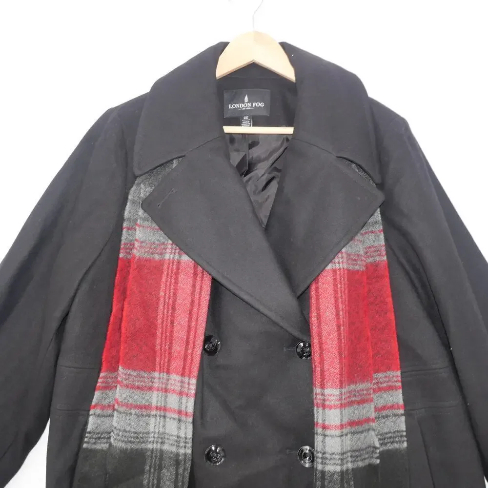 NEW London Fog Women's 1X Gray Wool Blend Pea Coat with Scarf